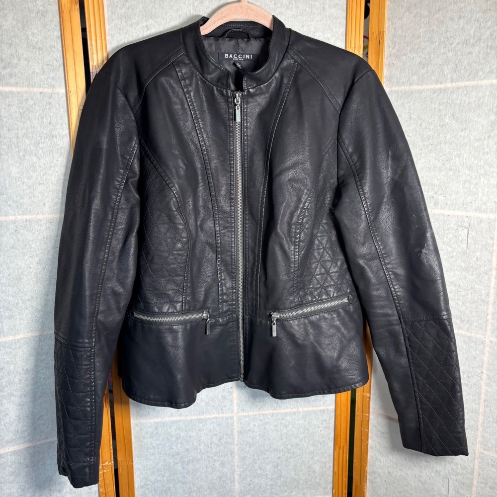 Baccini Faux Leather Moto Jacket Women's L Black Quilted Zip Front Vegan